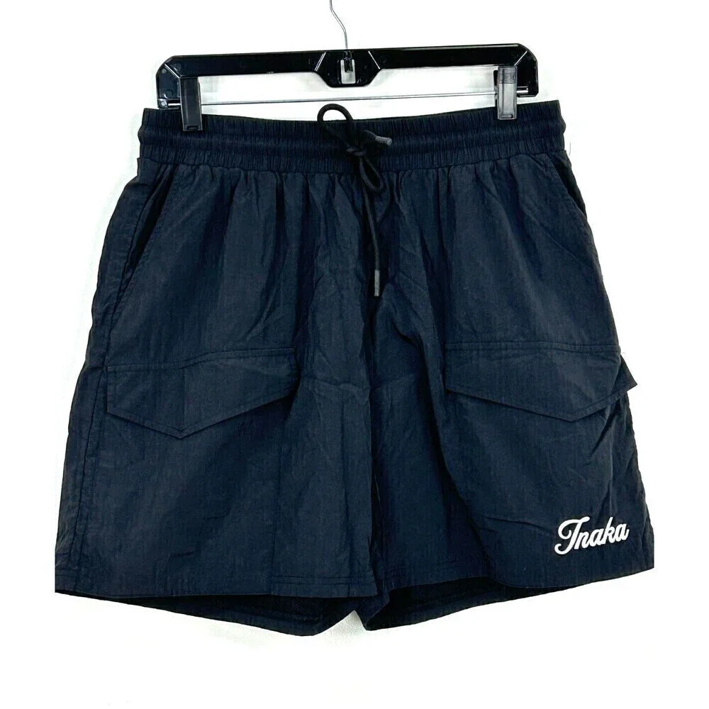 Inaka Power Mens Sz XL Nylon Black Cargo Short 5 Inch Logo Pockets Drawstring U3